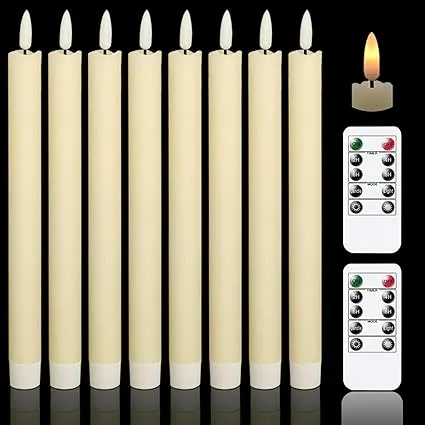 GenSwin Flameless Flickering Taper Candles with 2 Remote Controls and Timer, Real Wax 3D Wick Light Window Candles Battery Operated Pack of 8, Christmas Home Wedding Decor(Ivory, 0.78 X 9.64 Inch)