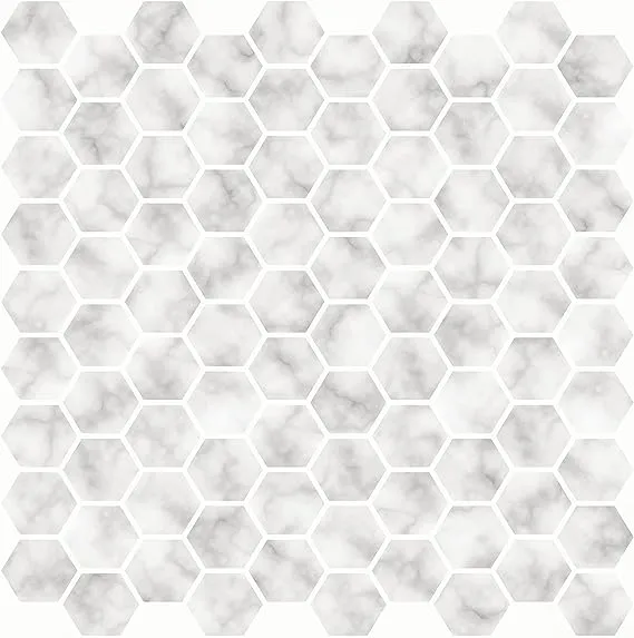 In Home InHome NH2359 Hexagon Marble Peel Stick Backsplash Tiles, White & Off-White