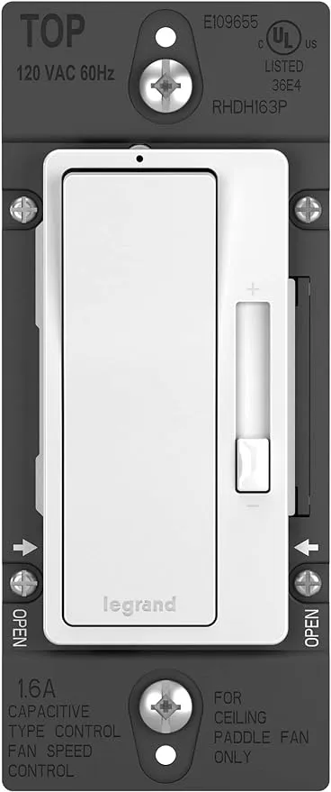 Legrand - Pass & Seymour Radiant Fan Control Light Switch, White Preset Fan Control with Dimmer Switch, 1.6A and 120 Volts, Ceiling Fan Dimmer Switch, RHDH163PWCCV6, 1 Count