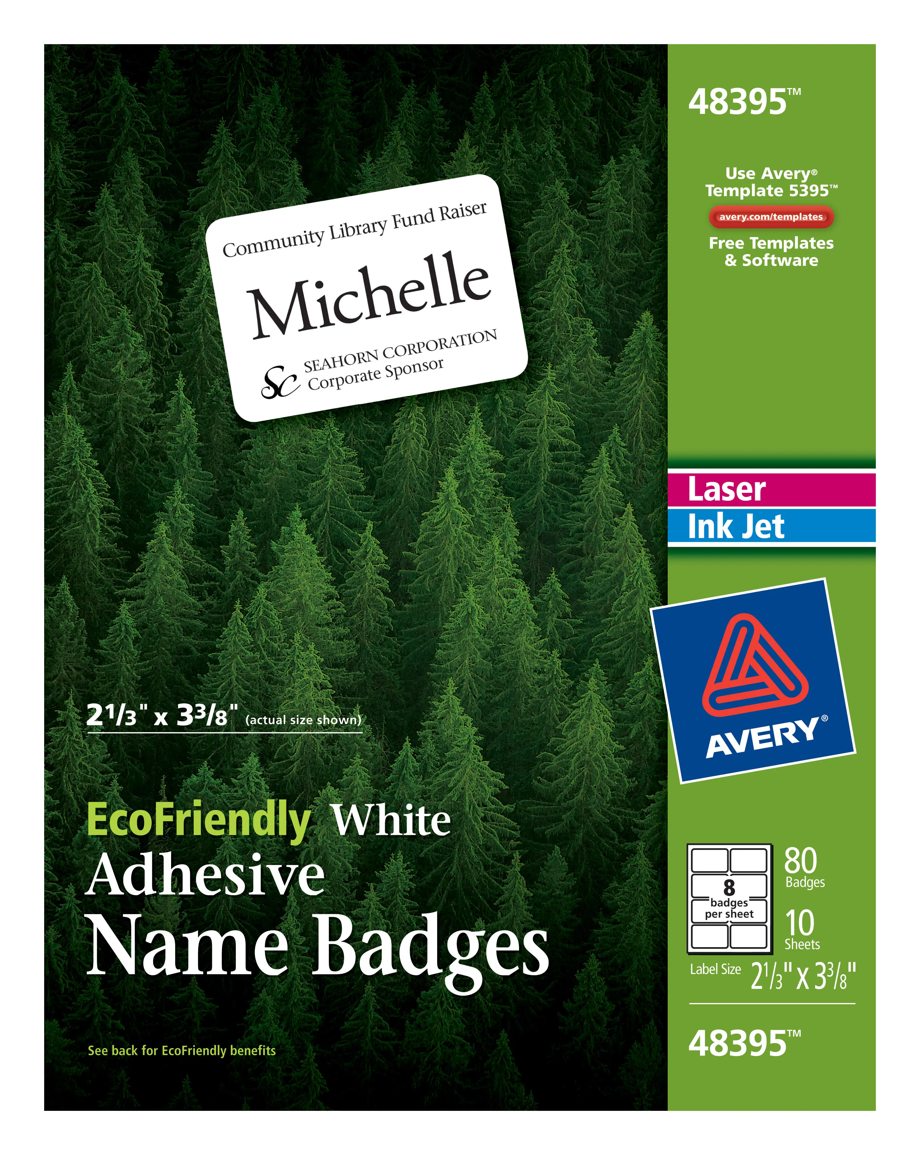 Avery EcoFriendly Laser/Inkjet Adhesive Name Badge Labels, 2 1/3" x 3 3/8", White, 160 Labels Per Box (42395)