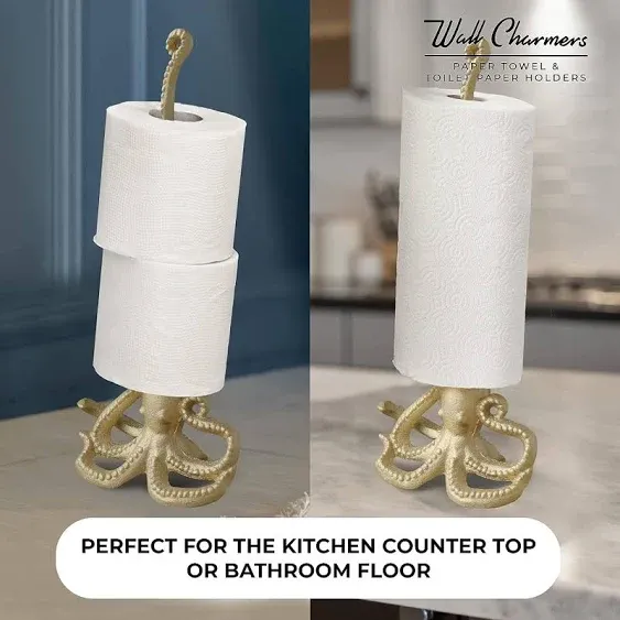 WallCharmers Gold Paper Towel Holder, Metal Toilet or Kitchen Paper Holder for Floor or Countertop, Gold Dino