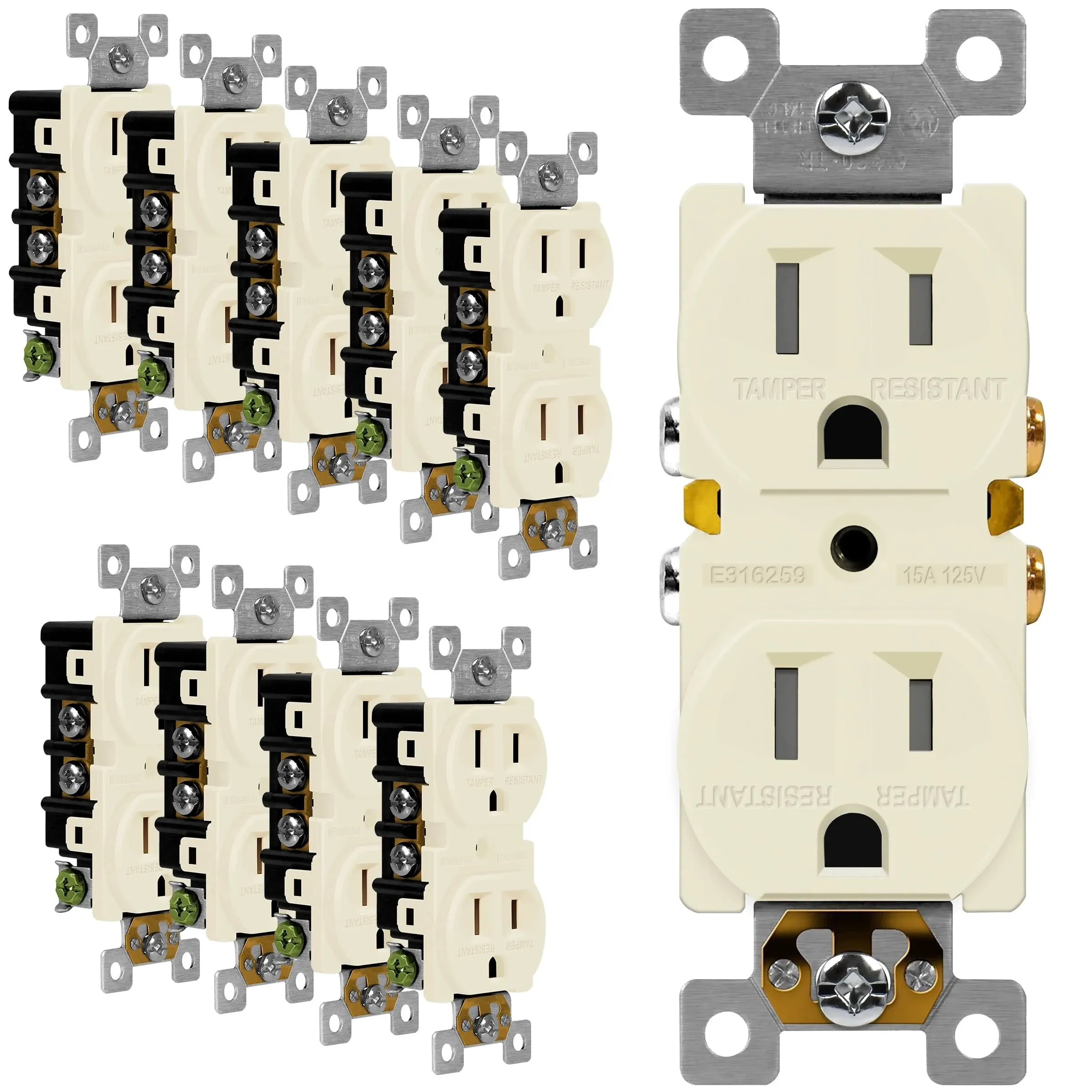 Enerlites Duplex Receptacle Outlet, Tamper-Resistant, Residential Grade, 3-Wire, Self-Grounding, 2-Pole,15A 125V, UL Listed, 61580-tr-la-10pcs, Light