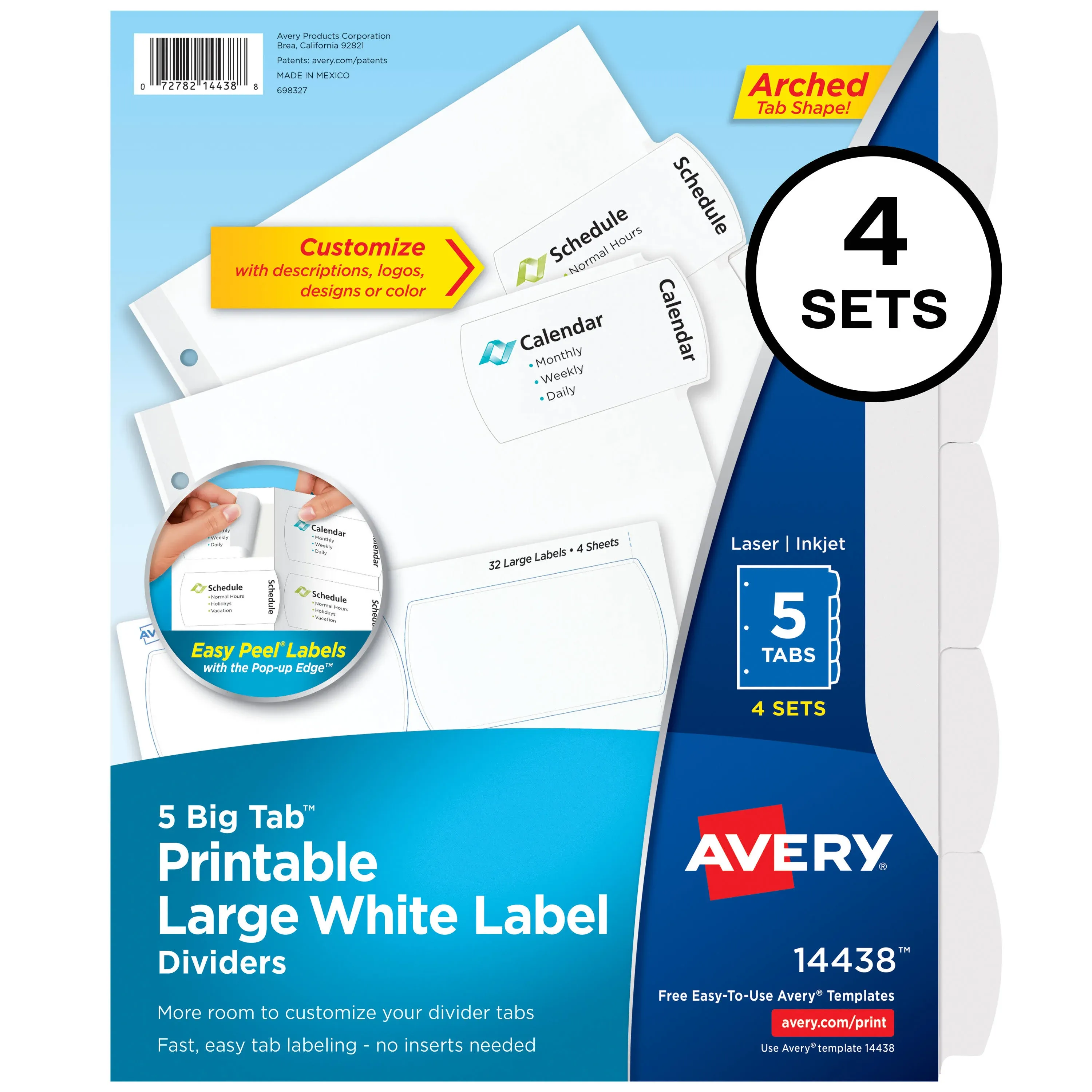 Avery® Big Tab™ Printable Large Label Dividers With Easy Peel®, 8 1/2" x 11", White, 5-Tab, Pack Of 4