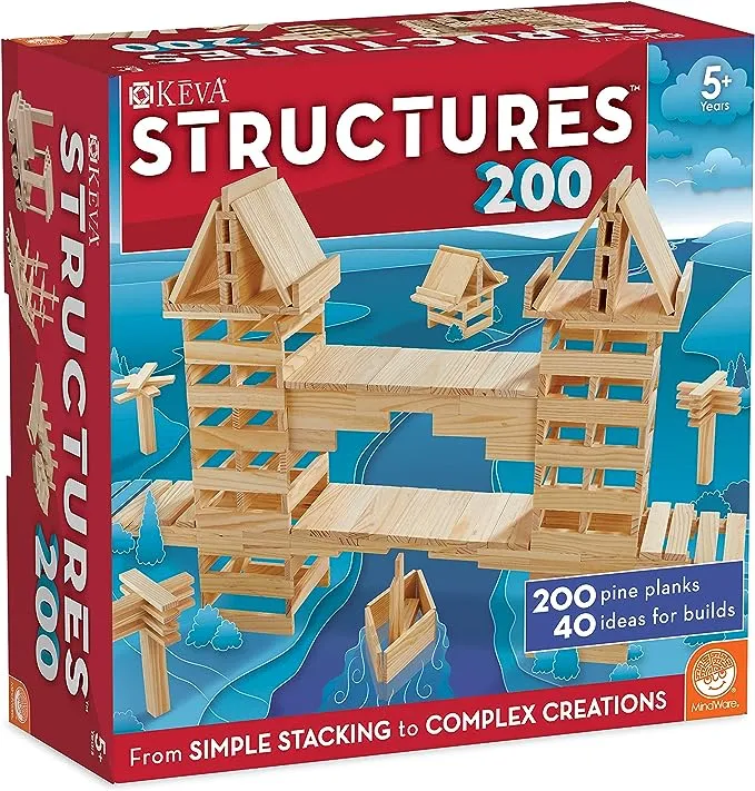 KEVA Structures 200 Wood Building Planks Set - Building Toy Includes 200 Wooden Blocks and Idea Book - Ages 5 and Up