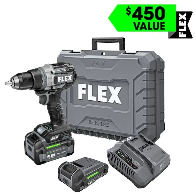 FLEX 24V Brushless Cordless 1/2-Inch 1,400 In-Lbs Torque 2-Speed Drill Driver Turbo Mode Kit with 2.5Ah, 5.0Ah Lithium Batteries and 160W Fast Charger - FX1171T-2B