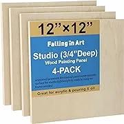 Unfinished Birch Wood Canvas Panels Kit, Falling in Art 4 Pack of 12x12’’ Studio 3/4’’ Deep Cradle Boards for Pouring Art, Crafts, Painting and More