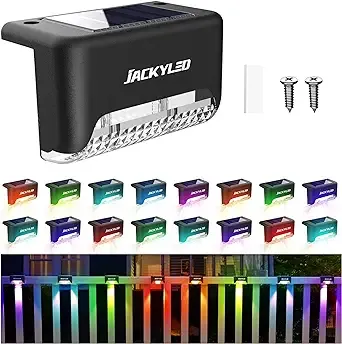 JACKYLED 16 Pack Deck Lights Solar Powered Color Changing, Outdoor Solar Fence Lights Waterproof LED Stair Lights for Patio Step Railing Wall Garden