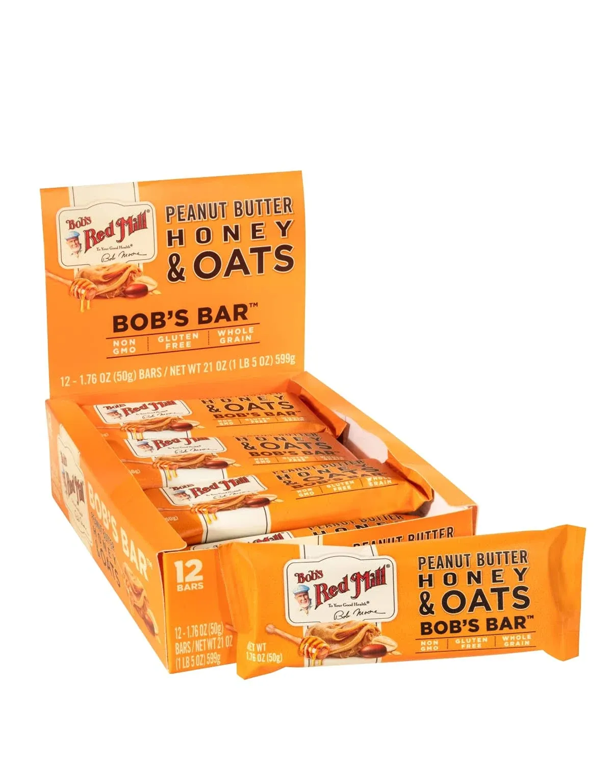 Bobs Red Mill Honey Oat Peanut Butter Bars, 1.76 OZ, Pack Of 12