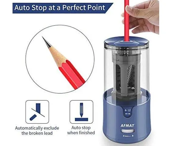 AFMAT Pencil Sharpener, Electric Pencil Sharpener for Colored Pencils, Auto Stop, Fast Sharpen in 3S, Large Hole Pencil Sharpener Plug in for 6-12mm