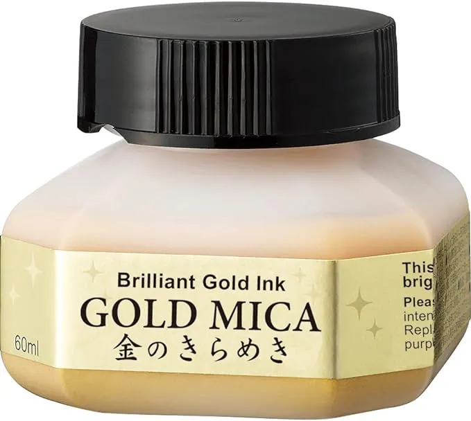 Kuretake GOLD MICA Ink, for dip pen, brush, artist, Non Toxic paints, metallic, 60ml, Ideal for illustration, lettering, drawing, writing, outlining on bright and dark colored papers