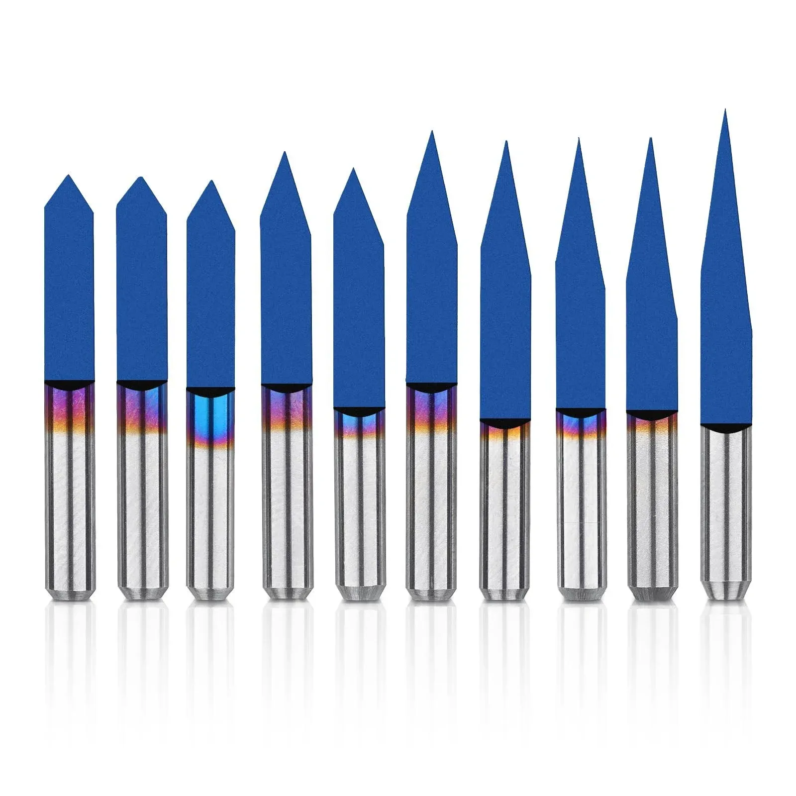 10 Pcs 1/8" Shank V-Groove CNC Router Bits, 10/15 /20/25/30/40/45/60/90/90 Degree Set, Nano Blue Coat Conical V-Bit, Engraving Tool for CNC Carving Lettering 2D&3D Sculpture