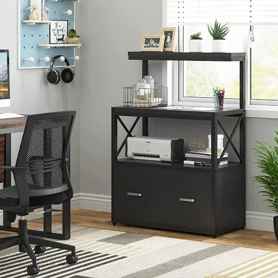 Tribesigns Lateral File Cabinet with Drawer and 3 Open Storage Shelves Home Office Black Printer Stand