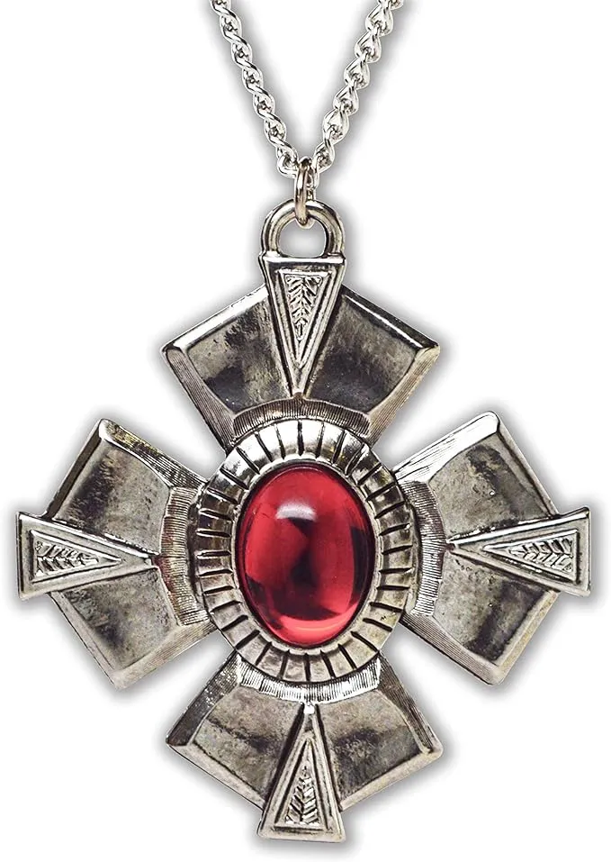 Medallion with Red Cabochon Medieval Renaissance Silver Finish Pendant Necklace