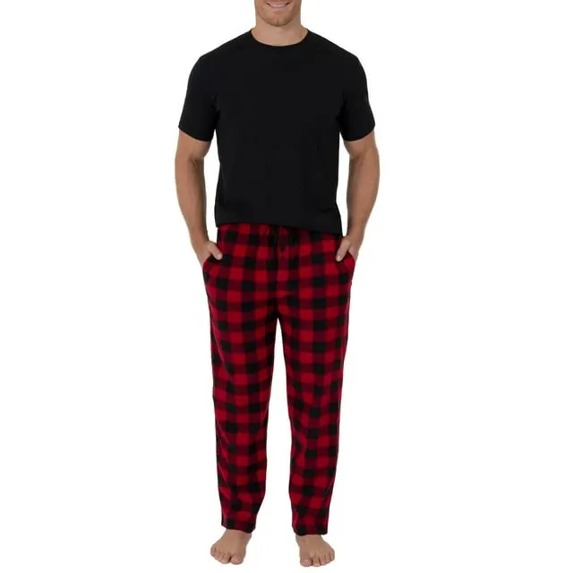 Fruit Of The Loom Men's Short Sleeve Crew Neck Top and Fleece Pajama Pant Set