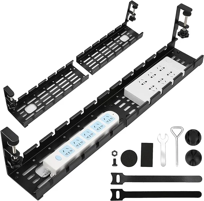 SRJZMLY 31Inch Extendable Under Desk Cable Management Tray Multi-Model Metal Cable Management Tray Under Desk Cord Management with Clamp Power Strip