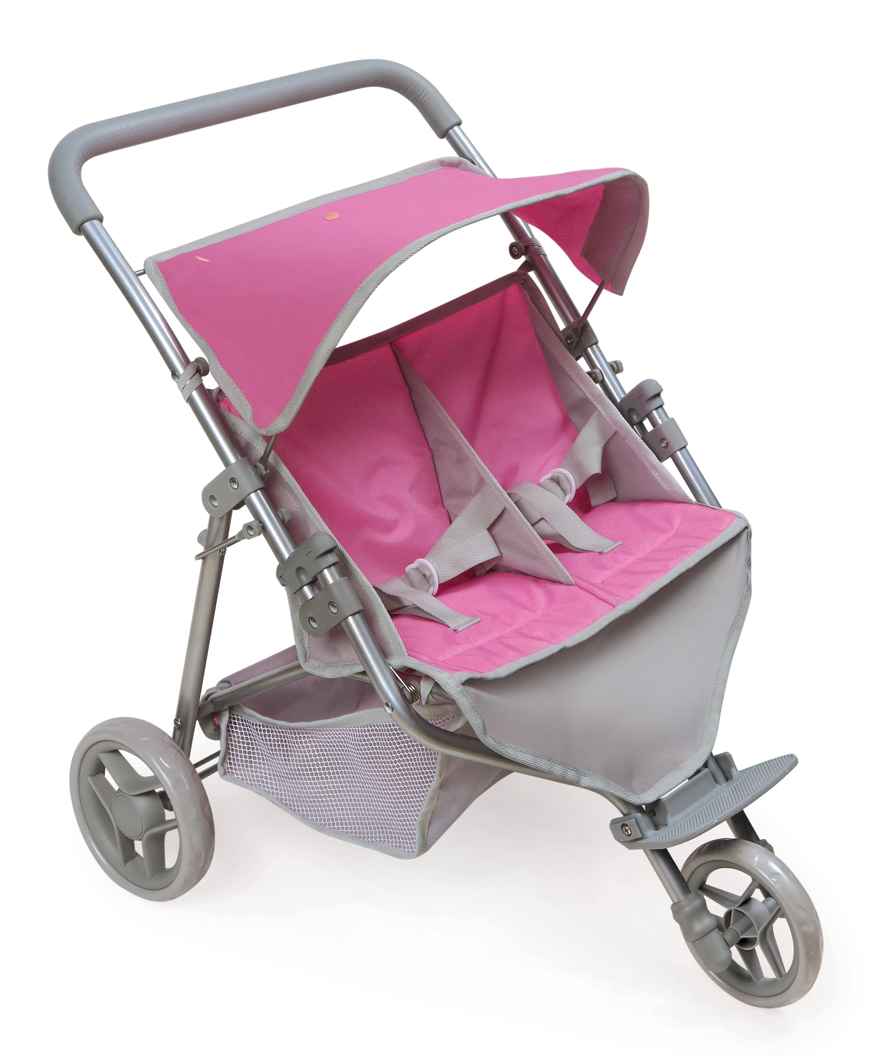 Badger Basket Delightful Trek 3-Wheel Folding Twin Doll Jogging Stroller in Gray and Pink, Perfect for 18-Inch Dolls with Realistic Features