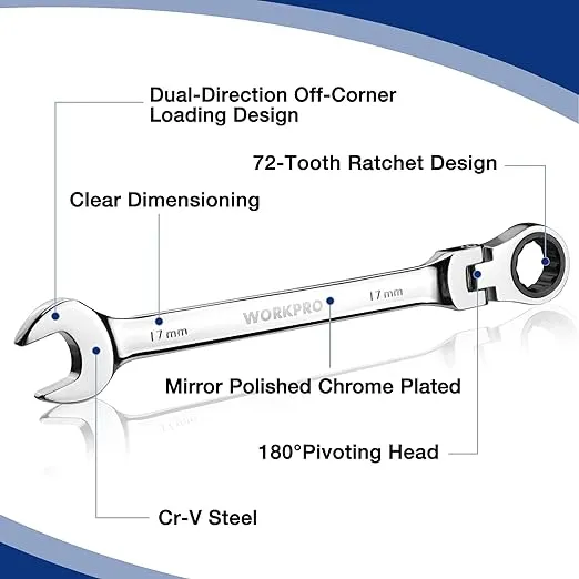 WORKPRO 8-piece Flex-Head Ratcheting Combination Wrench Set