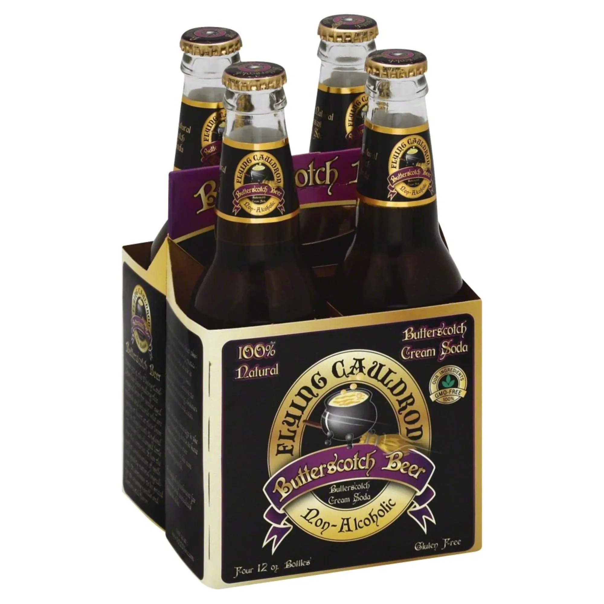 Flying Cauldron Butterscotch Beer, 12 Fl Oz (Pack of 4), Vanilla Cream Soda Brew, All- Natural, Non-Alcoholic and Caffeine free.