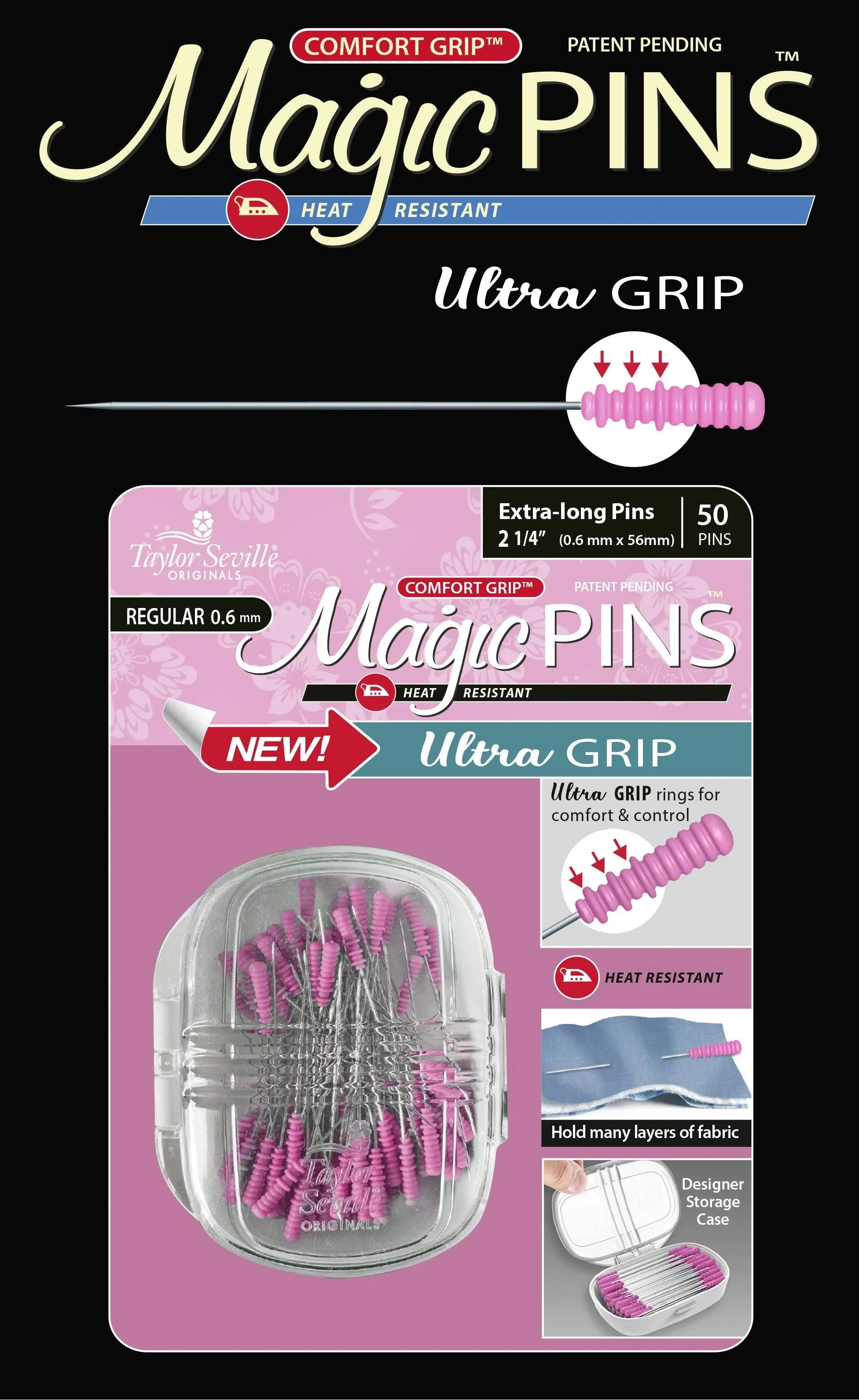 Taylor Seville Magic Pins - Ultra Grip Extra Long Regular-Pink 50/Pkg