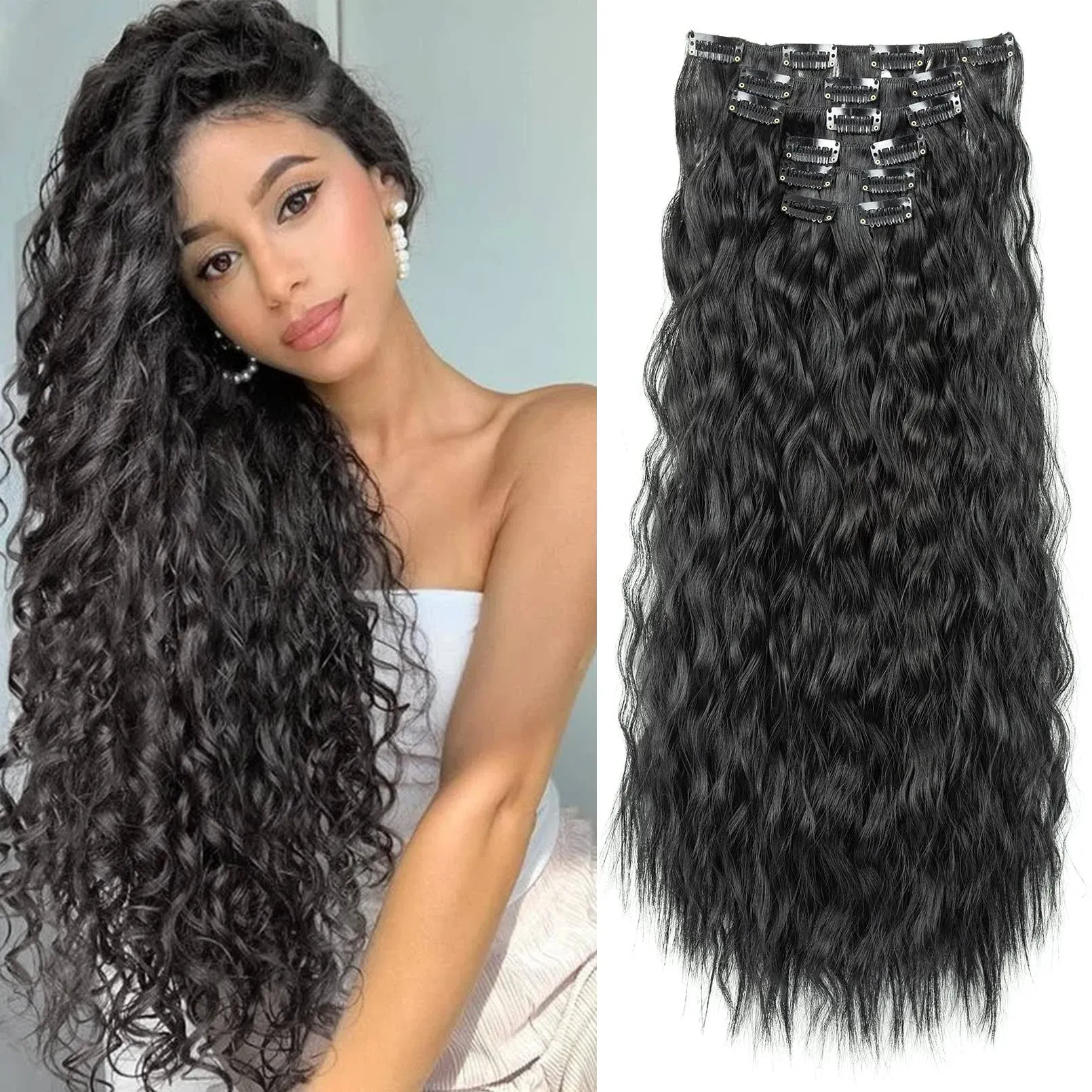 Clip in Hair Extensions,LONAI 6pcs 24" Black Hair Extensions Long Mermaid Waves Wavy Synthetic Clip on Hairpiece for Women(Black)