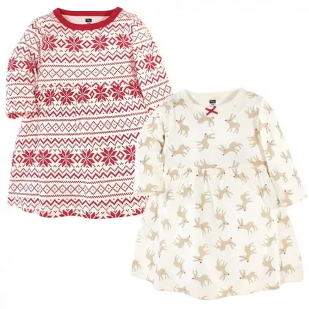 Hudson Baby Infant and Toddler Girl Long-Sleeve Cotton Dresses 2pk Reindeer 9-12 Months