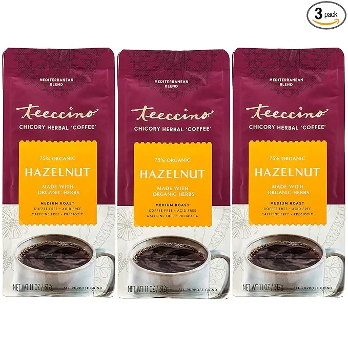 Teeccino Hazelnut Chicory Coffee Alternative - Ground Herbal Coffee That’s Prebiotic, Caffeine Free & Acid Free, Medium Roast, 11 Ounce (Pack of 3)