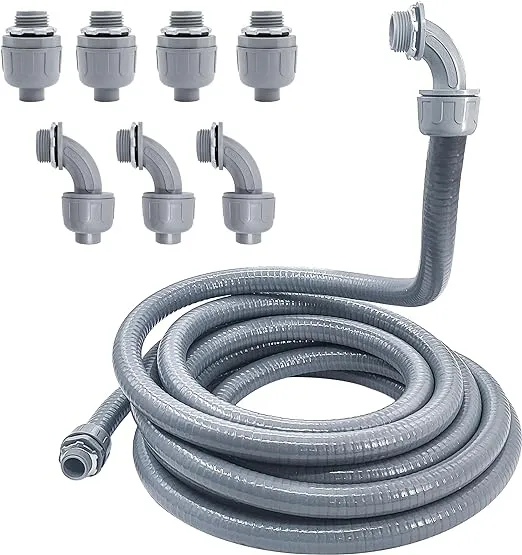 Liquid-Tight Conduit - 1/2inch 25 Foot Flexible Non Metallic Liquid Tight Electrical Conduit Kit, with 4 Straight and 3 Angle Fittings Included. 1/2" Dia