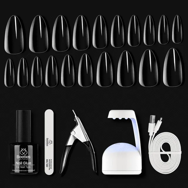 Beetles Gel Nail Kit Easy Nail Extension Set 5 In 1 Nail Glue Gel Base Coat with Pre shaped Medium Almond Soft Gel Nail Tips and UV Led Nail Lamp Acrylic Nail Clipper for Nail Art Diy Christmas Gift