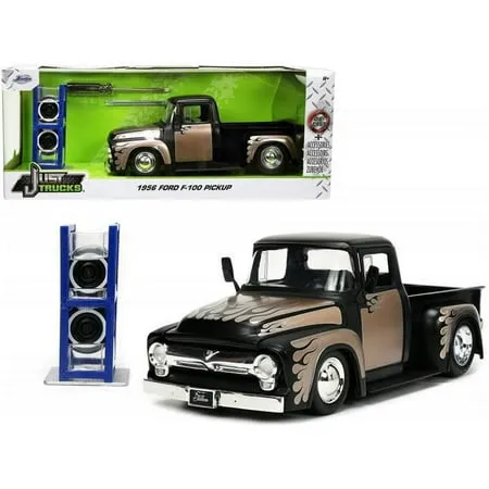 1956 Ford F-100 Pickup Black and Brow with Flames Extra Wheels "Just Trucks" Series 1/24 Diecast Model Car by Jada