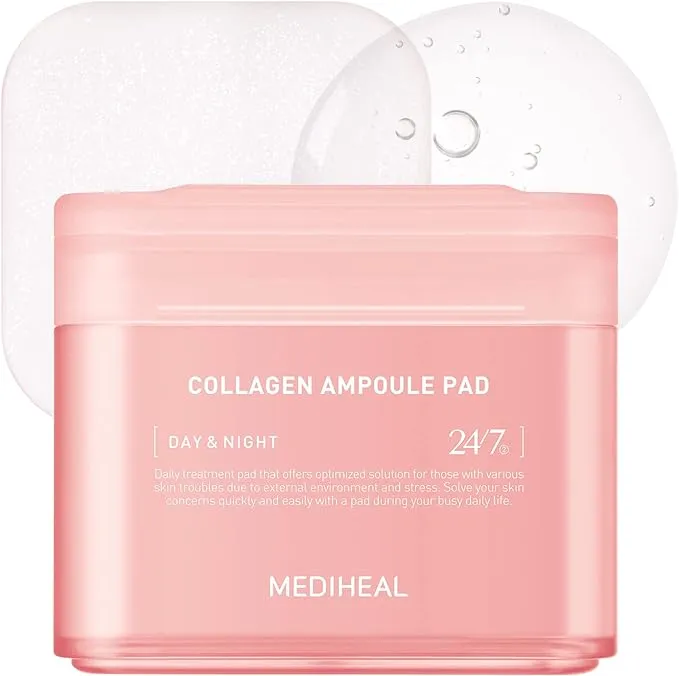 MEDIHEAL Collagen Ampoule Pad – Square Cotton Facial Toner Pads Collagen & Ceramide - Skin Firming & Restore Elasticity - Tighten Wrinkles & Lines - Vegan Eco Silk Pads, 100 Pads