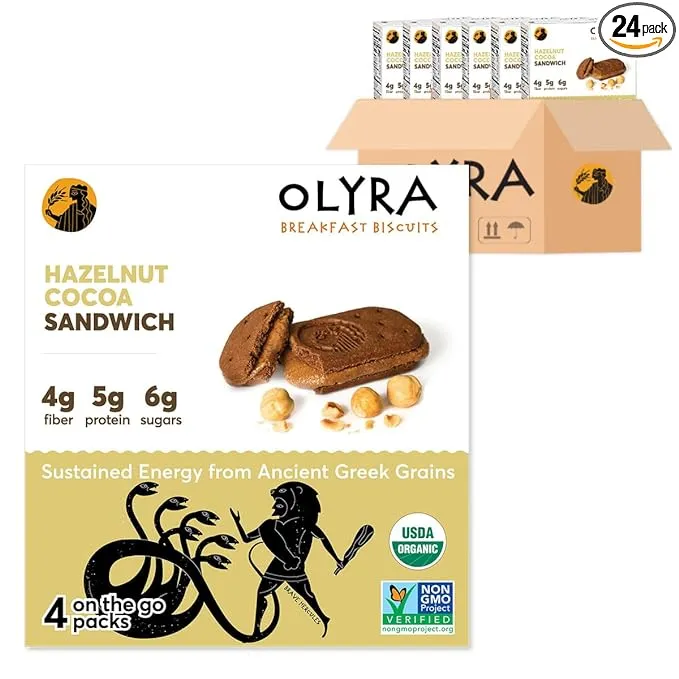 Olyra Organic Breakfast Biscuits Hazelnut Cocoa | Healthy Snacks, Low Sugar, High Fiber, Plant Based Protein Cookies (6 Boxes of 4 Packs)