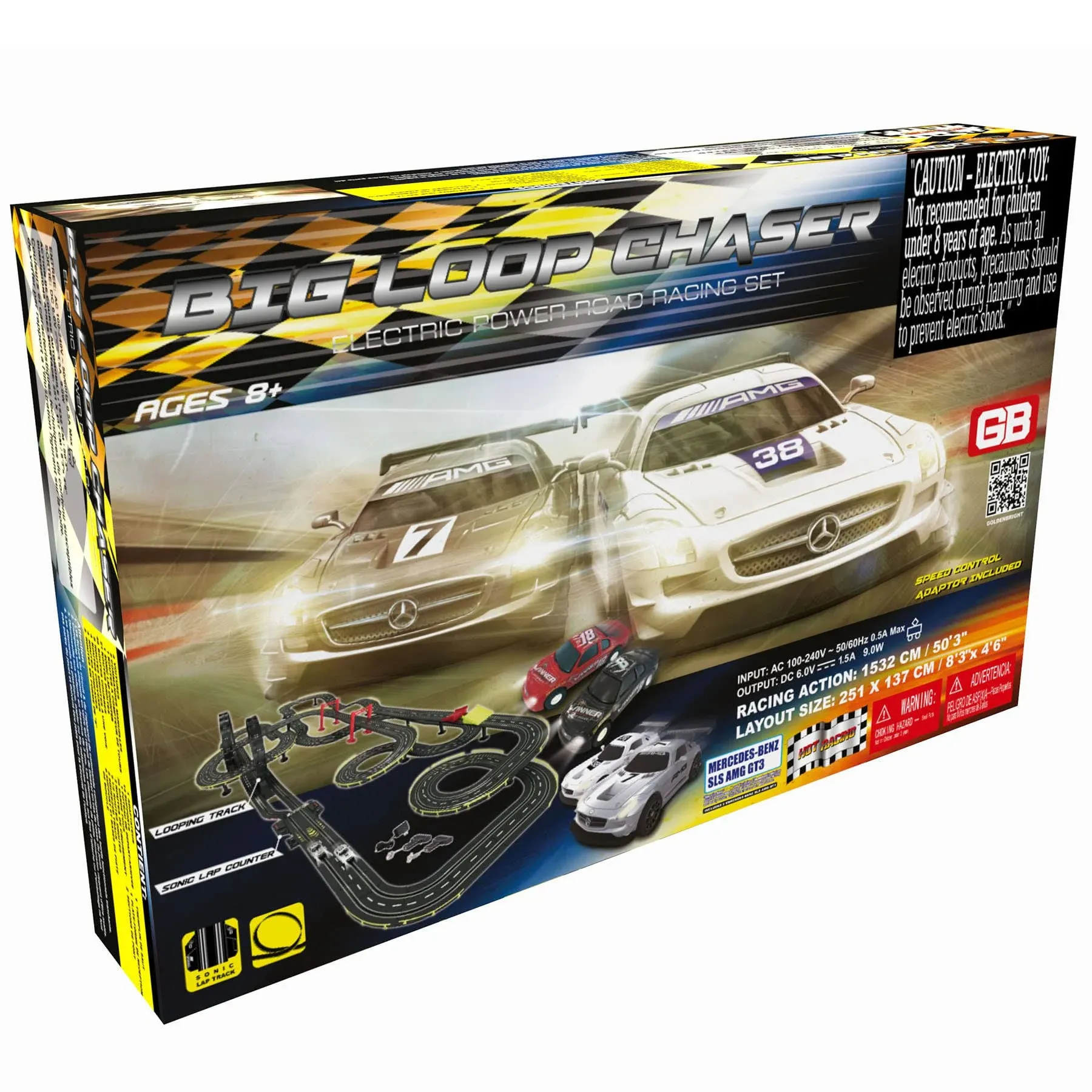 Big Loop Chaser Electric Powered Toy Road Racing Set - 2 Mercedes Benz SLS AMG GT3 Racing Cars Included - 4 Cars Total