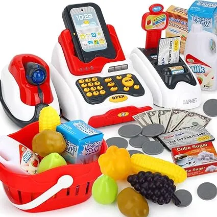 Pretend Play Smart Cash Register Toy, Kids Cashier with Checkout Scanner,Fruit Card Reader, Credit Card Machine, Play Money and Grocery Play Food