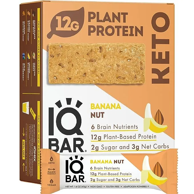 IQBAR Brain and Body Banana Nut Keto Protein Bars - Low Carb, Low Sugar - 12-Count Energy Bars