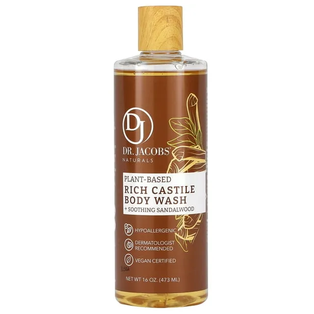 Dr Jacobs Naturals Pure Castile Liquid Soap Body Wash - Great to Put Into a Liquid Soap Dispenser for Bathroom(Sandalwood, 16 Oz (Pack of 2))