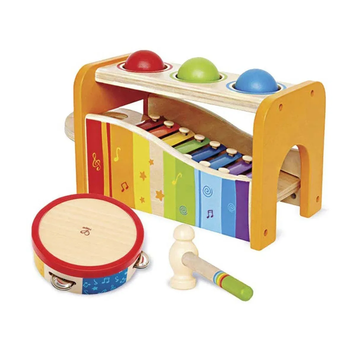 Hape Pound, Tap, & Shake! Music Set - Award Winning Wooden Pounding Bench, Baby Xylophone, and Tap Along Tambourine