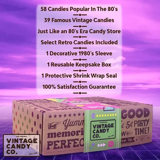 VINTAGE CANDY CO. 1980s RETRO CANDY GIFT BOX - 80s Nostalgia Candies - Flashback EIGHTIES Fun Gag Gift Basket - PERFECT '80s Candies For Adults, College Students, Men or Women, Kids, Teens