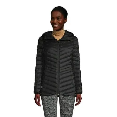 Lands' End Women's Wanderweight Packable Down Hooded Long Jacket - Black