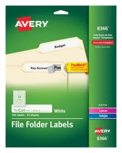 Avery 8366 Permanent Filing Labels, 1/3 Cut, 750/PK, White