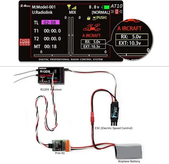 Radiolink AT10II 12 Channels RC Transmitter and Receiver R12DS 2.4GHz Radio Remote, Voltage Telemetry for RC Airplane, FPV Racing Drone, Quad,