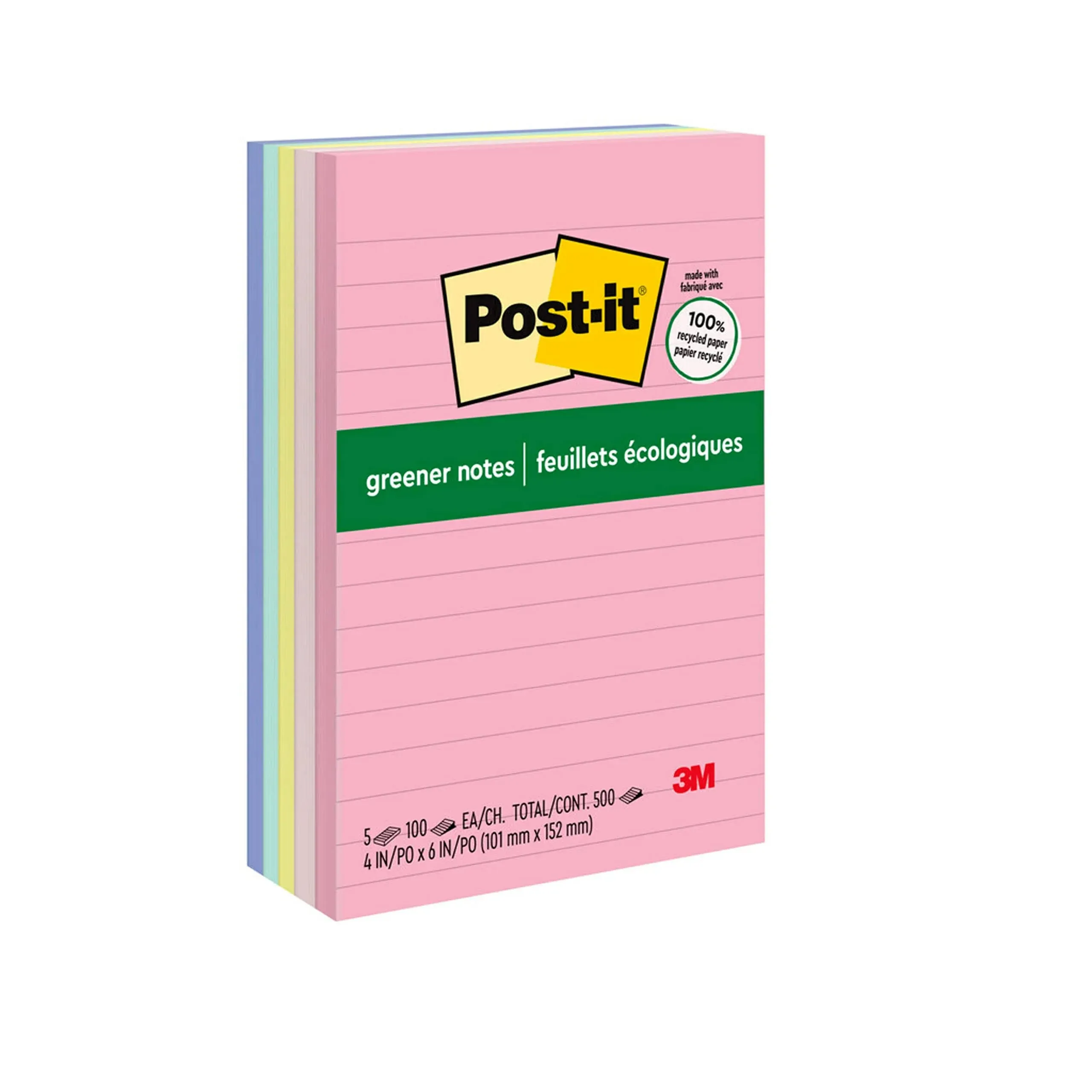 Post-it Greener Notes Recycled Note Pads, Lined, 4 x 6, Assorted Helsinki Colors, 100-Sheet, 5/Pack