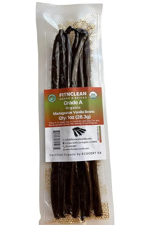 1oz. Madagascar Organic Vanilla Beans Gourmet Grade A. Certified USDA Organic 6"-7.5" by Fitnclean Vanilla for Cooking, Brewing, Extract Fresh