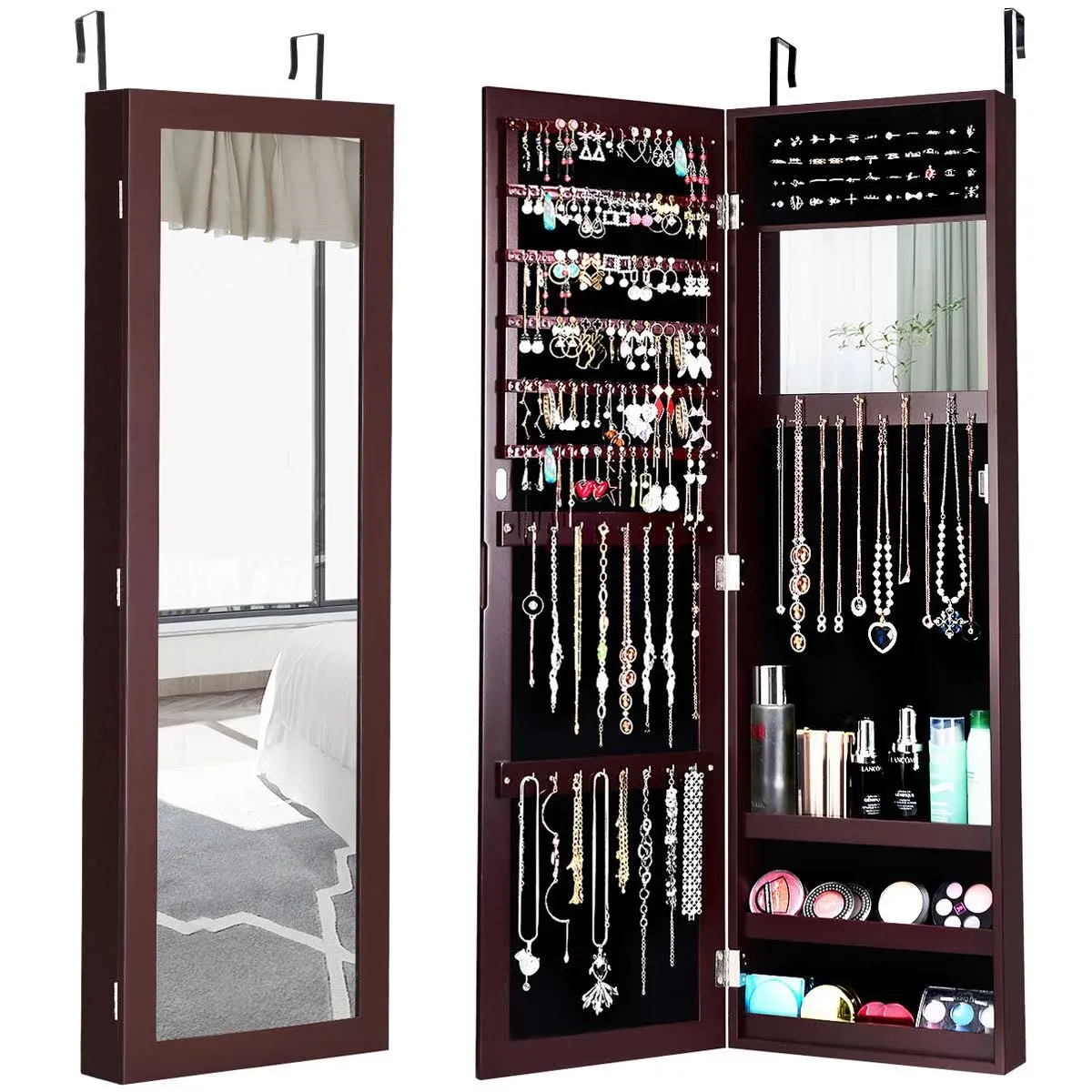 Costway Wall Door Mounted Mirrored Jewelry Cabinet Storage Organizer Brown