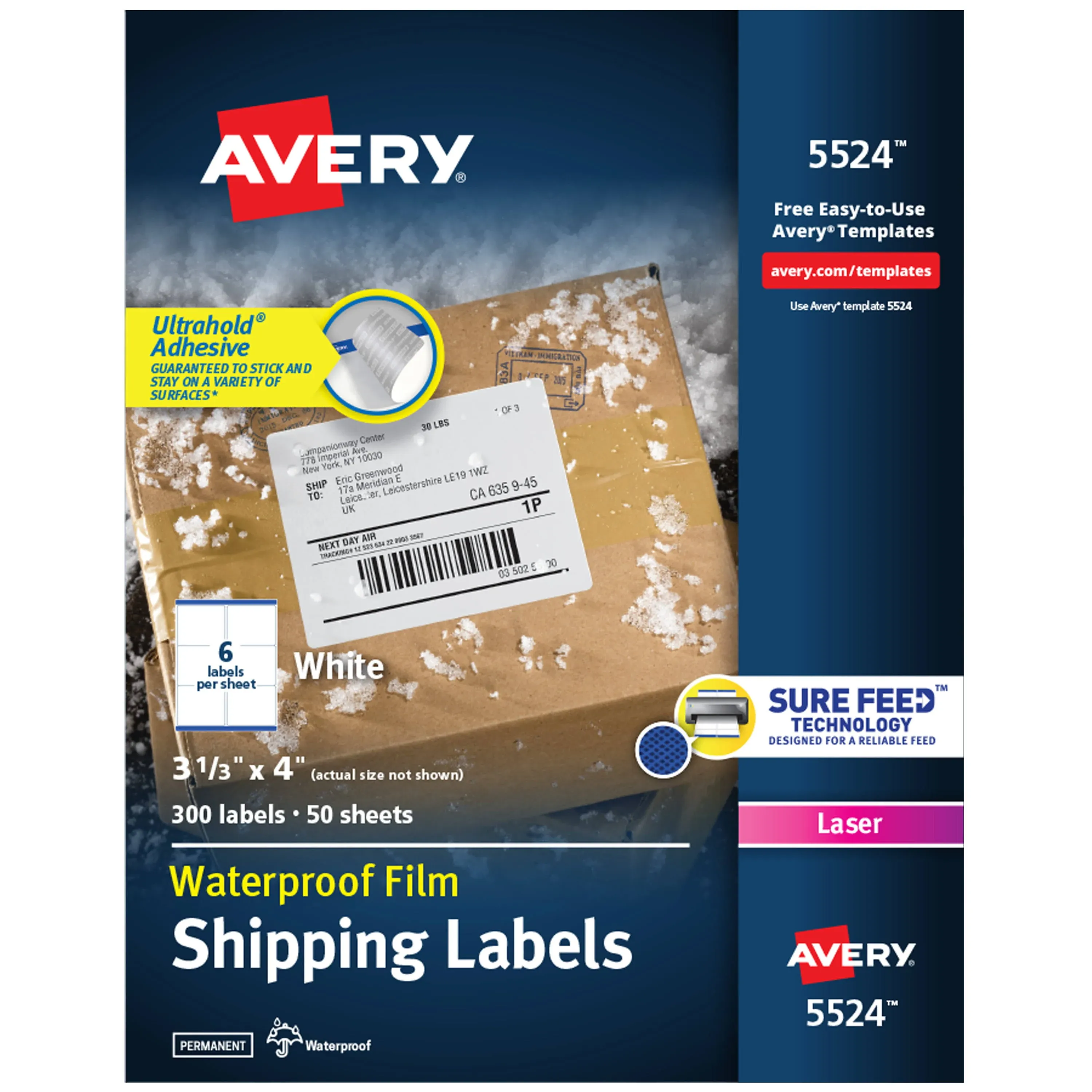 Avery WeatherProof Mailing Labels, TrueBlock Technology, Permanent Adhesive, 3-1/3" x 4", 300 Labels (5524)