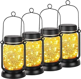 Cool White 4 Pack Solar Hanging Mason Jar Lights with Stakes, Waterproof Decorative Outdoor Solar Lantern Lamp, Vintage Glass Jar Starry Fairy Light with 30 LEDs for Patio Garden Tree Yard