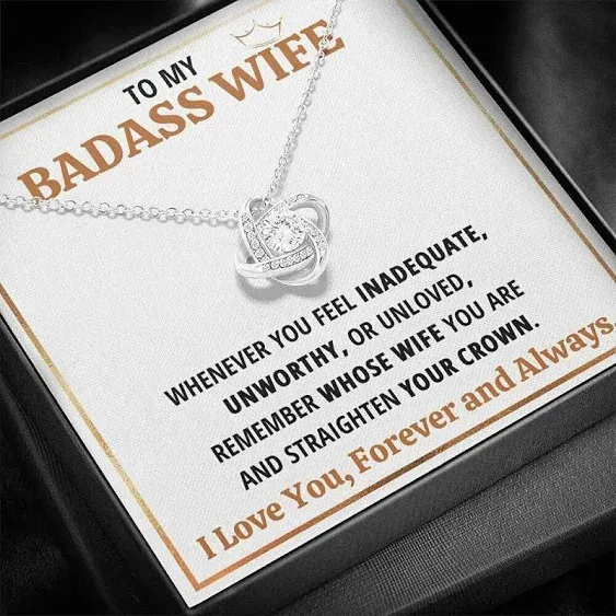 Wife Necklace Gift From Husband To My Badass Wife Crown Love Knot Pendant Valentines Day Anniversary Jewelry With Message Card and Gift Box