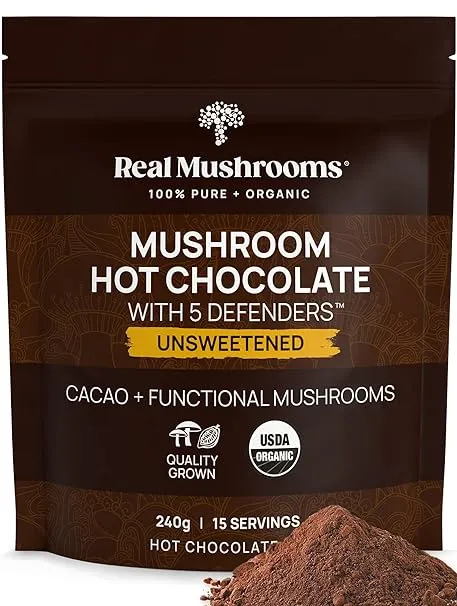 Real Mushrooms Organic Hot Chocolate Mix with 5 Defenders (Turkey Tail, Chaga, Maitake, Shiitake, & Reishi Mushroom) - Organic Cacao Powder - Vegan Mushroom Supplement, Gluten-Free, 15 Servings