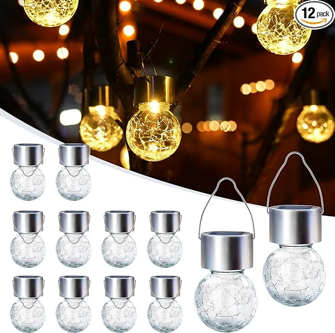 GIGALUMI 12 Pack Solar Outdoor Lights, Solar Hanging Lights for Christmas Decoration-Cracked Glass Solar Lights Outdoor Waterproof for Garden, Yard,