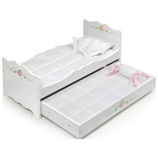 Badger Basket Toy Doll Bed with Trundle and White Bedding for 18-20 inch Dolls - White Rose