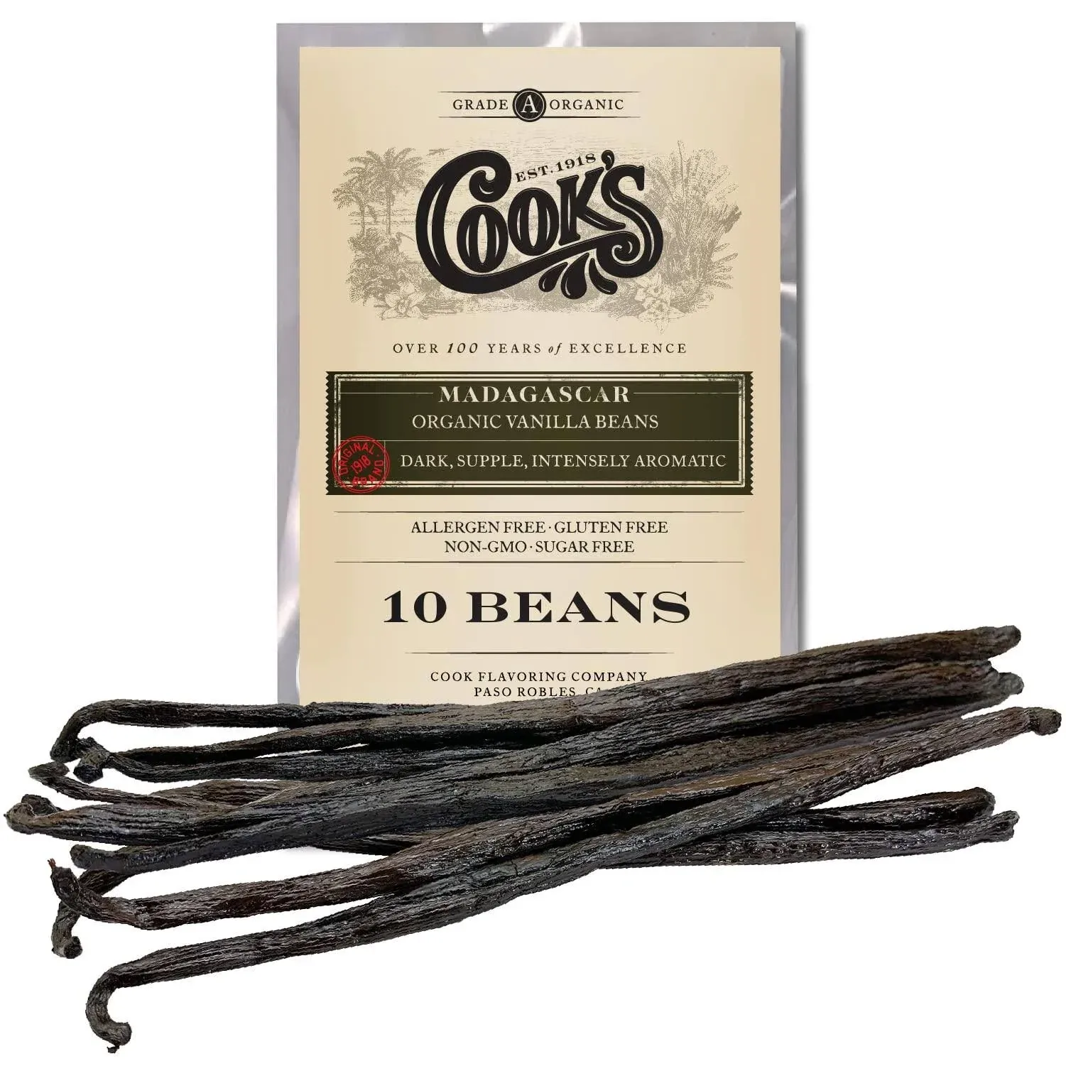 Cooks, Organic Madagascar Vanilla Beans, 10 Gourmet Grade A Whole Bean Pods for Baking, Desserts, and Making Vanilla Extract